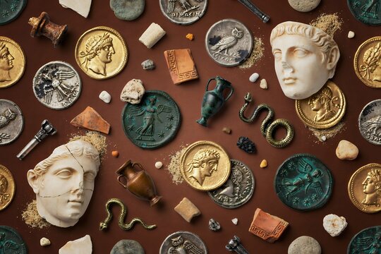 Flat lay composition of ancient roman artifacts including bronze coins, marble bust fragments, pottery shards, metal snakes, and clay vessels