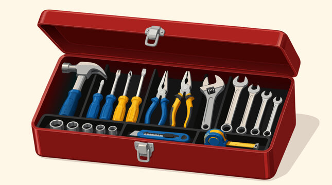 A clean flat vector illustration of an open red toolbox filled with various tools on a light background, perfect for hardware store advertising, home repair service branding, and handyman contractor m