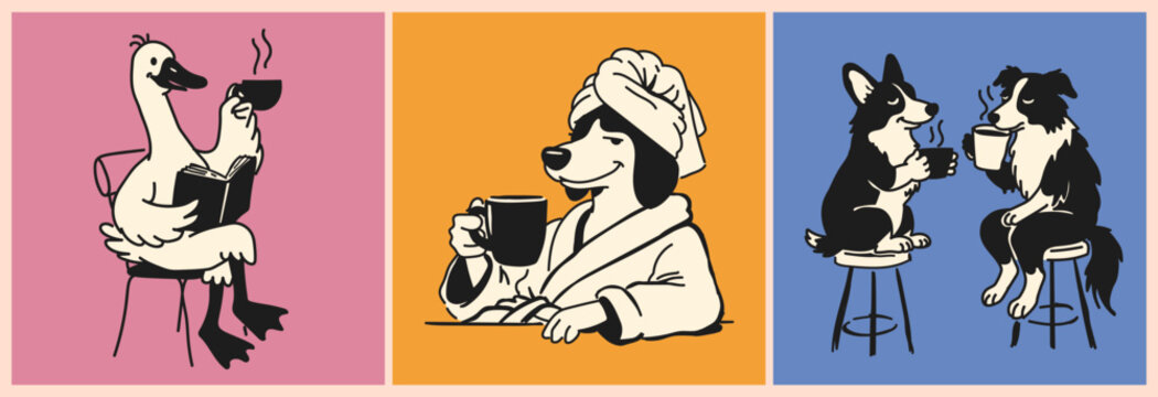Cozy Morning Coffee Illustration Set with Cute Animal Characters with Coffee. Perfect for Poster Design, Cards, T-Shirt Prints and Cafe Branding. Colorful Retro Hand Drawn Vector Collection
