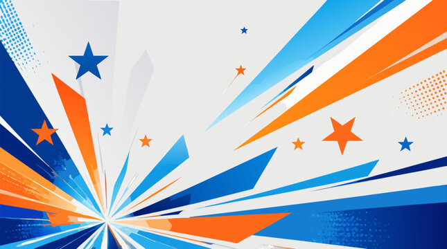A clean flat vector illustration of a sweeping starburst background in blue, orange, and white with bold stars and rays, suitable for sports event posters, championship banner designs, and athletic pr