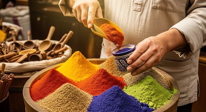 Merchant pours vibrant powdered spices into a ceramic bowl in a market