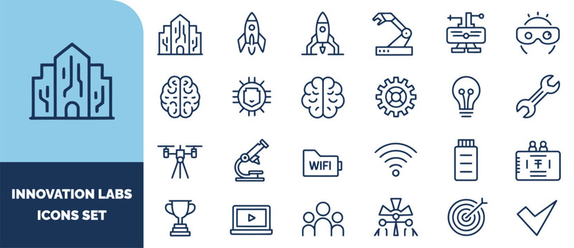 Set of dark blue outline featuring technology, science, and innovation concepts, including rockets, brains, gears, and lab equipment