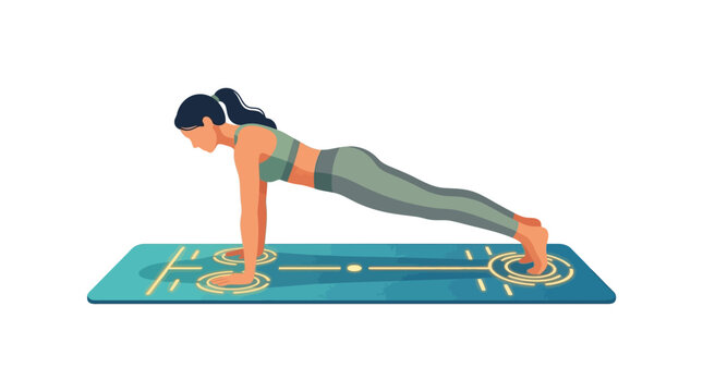 Athletic woman performing high plank pose on smart yoga mat with glowing digital interface sensors flat vector illustration
