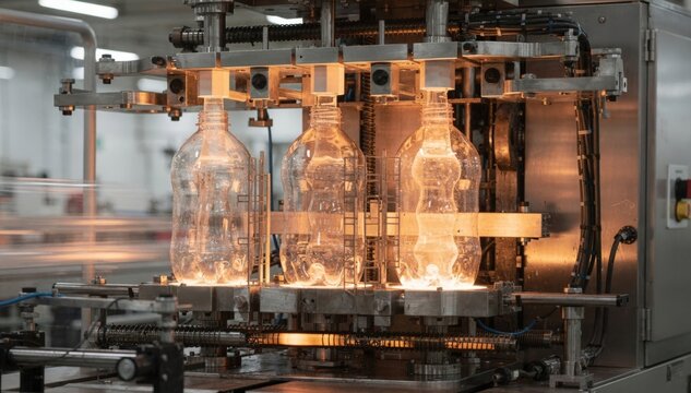 Medium shot of industrial blow molding machines shaping clear plastic bottles highlighting precision inflation of molten parisons into transparent containers.