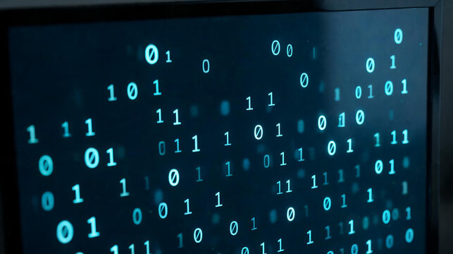Dark computer monitor displaying scattered glowing cyan binary digits floating against a black background, ideal for technology, cybersecurity, artificial intelligence, and digital data themes.
