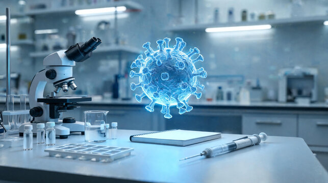 Scientific laboratory bench showing a microscope and syringe next to a holographic 3D glowing blue virus particle model, ideal for medical research, virology, and pandemic science content.