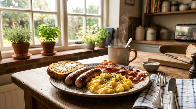 Hearty breakfast spread with scrambled eggs, sausages, bacon, toast and coffee, served on plate by sunny window in kitchen.