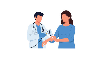Fototapeta premium Male doctor using handheld AI diagnostic device to scan patient arm for skin treatment flat vector illustration