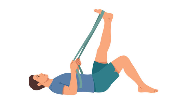 Man performing supine hamstring stretch using a resistance strap for physical therapy flat design vector illustration.