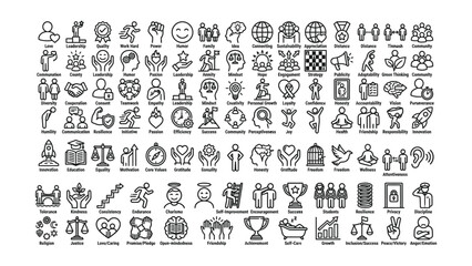 Obraz premium Black and white line icons set of business concept leadership teamwork communication motivation and success