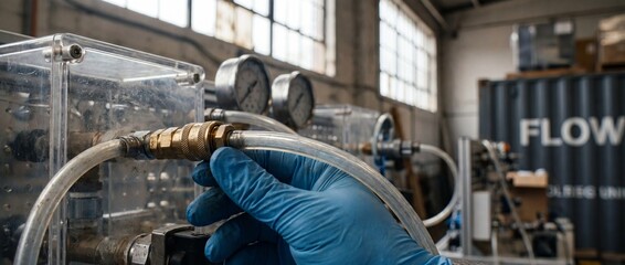 Fototapeta premium Industrial technician gloved hand connecting quick couplers to pressure gauge machine in laboratory workshop factory setup for maintenance fluid flow control testing engineering service work system.