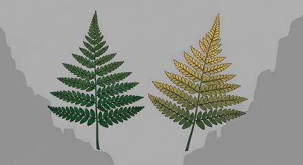 Fototapeta premium Two detailed fern leaf illustrations in green and yellow on gray background