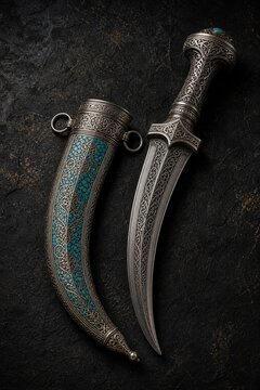 scabbard. Curved dagger with intricate arabesque patterns and turquoise inlaid scabbard. event programs, museum guides, designed for cultural heritage projects and event programs.