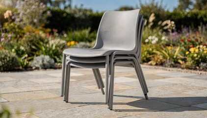 Fototapeta premium Medium shot of UVstable stacking plastic outdoor chairs arranged neatly on a patio showcasing durable design and weatherresistant materials in a sunny garden setting.