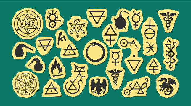 Medieval alchemy symbol fragments vector stickers pack featuring transmutation circles philosopher stone glyphs ancient elemental laboratory marks paper cut collage