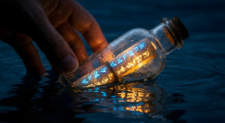 Obraz premium A hand picking up a glass bottle containing a glowing magical scroll from water.