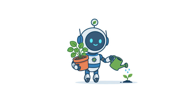 Friendly robot character watering small sprout with a watering can.