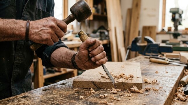 Man using a hammer and chisel to carve wood in a workshop