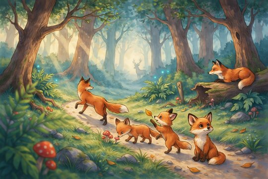 Family of foxes walking on a forest path with a deer in the distance, surrounded by tall trees, mushrooms, and glowing light particles