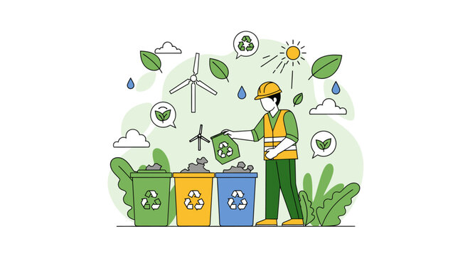 Worker sorting waste into recycling bins for environmental protection.