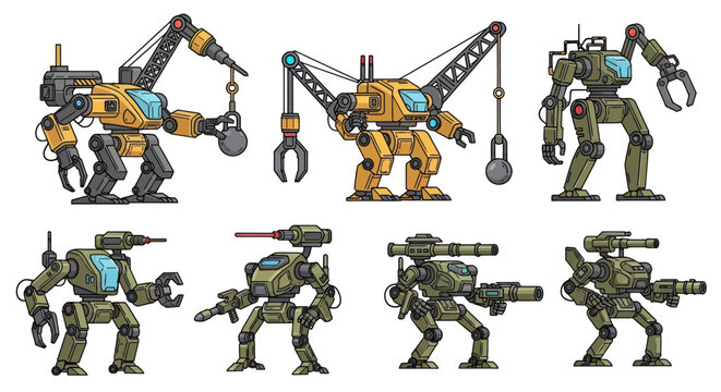 Heavy industrial and combat mechanical walker robot units.
