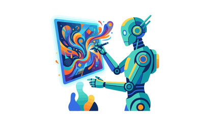 Naklejka premium Futuristic humanoid robot painting vibrant abstract digital art on a tablet showcasing artificial intelligence creativity flat vector illustration