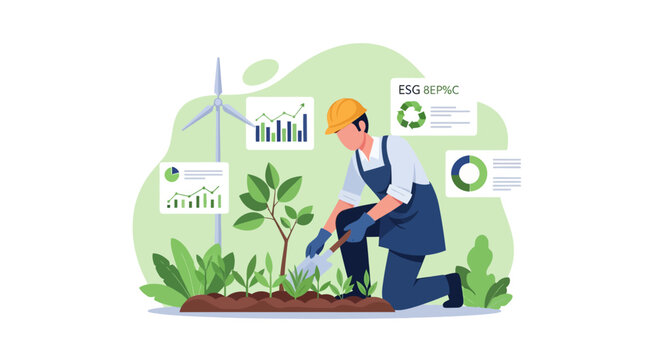 Farmer planting a sapling with wind turbine and data charts.
