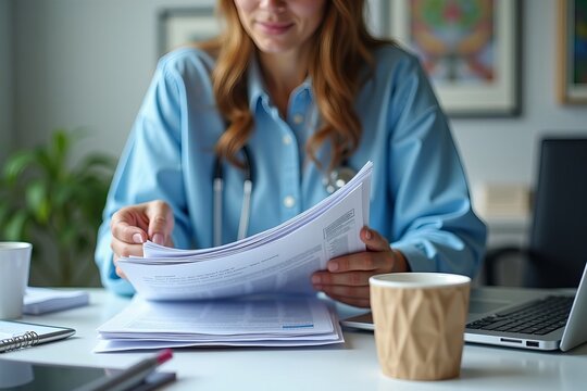 Intense Concentration: A Worker Examines Medical Reports at Their Desk, with Office Supplies and a Laptop Close By