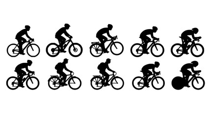Obraz premium Cyclists Silhouette Group Riding Bicycles in Different Poses for Cycling Sport Illustration with Simple Vector Style
