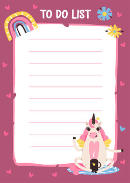 Cute unicorn planner illustration with checklist, rainbow, and hearts. Printable to do list template designed for kids, school organization, and daily planning.