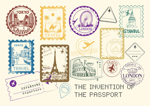 International travel visa passport stamps vector set