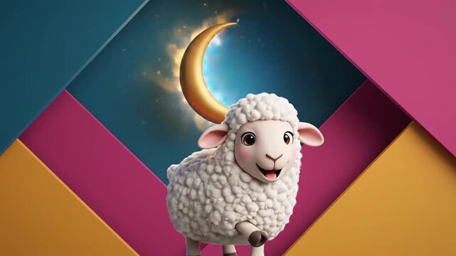 Cute Animated Sheep Character Dancing Under A Golden Moon Graphic
