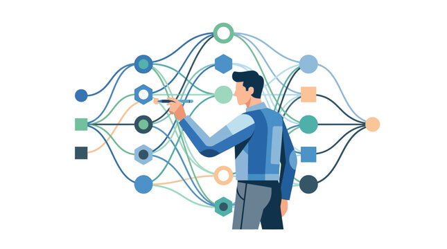 Professional developer fine-tuning machine learning neural network data workflow flat design vector illustration