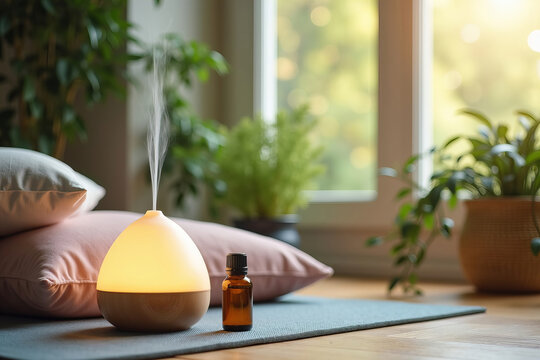 Create a Tranquil Meditation Space with an Elegantly Arranged Essential Oil Diffuser, Plush Cushions, a Yoga Mat, and Lush Greenery, Illuminated by Soft Morning Light