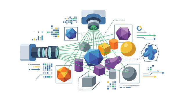 Advanced computer vision system scanning 3D geometric objects for machine learning analysis flat vector illustration.