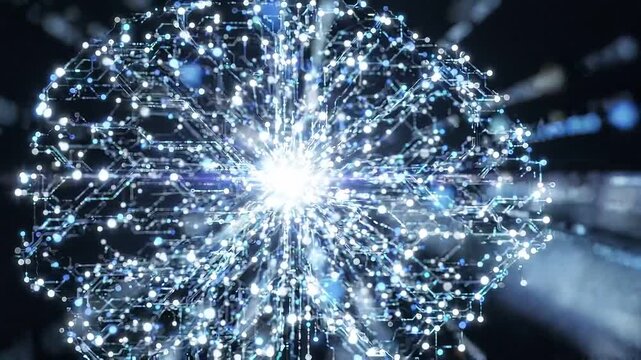 Glowing digital brain network expands and pulses with connected nodes, bright data streams radiating across dark background, symbolizing artificial intelligence, neural computing, machine learning.