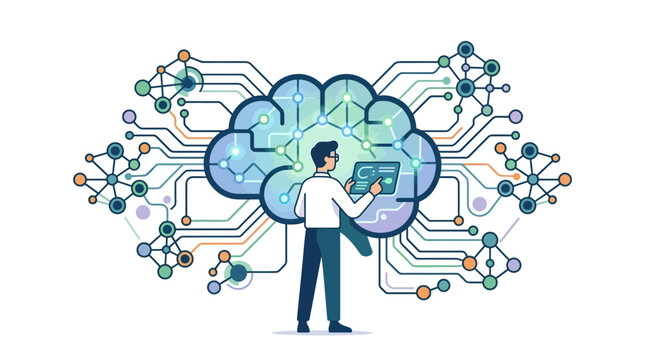 AI specialist training a large neural network brain through a digital interface machine learning concept flat vector illustration.