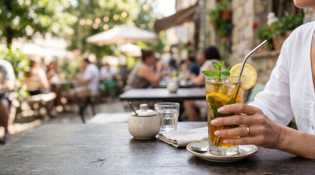 Young woman holding iced tea with lemon and mint at outdoor cafe terrace, summer lifestyle concept, relaxed social gathering in city