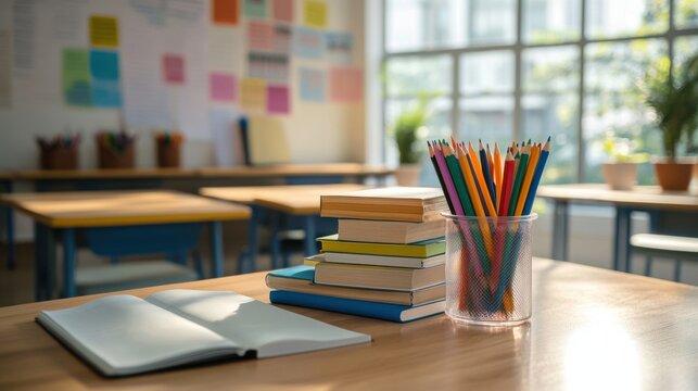 Bright classroom with open notebook, stacked books and colorful pencils on student desk.