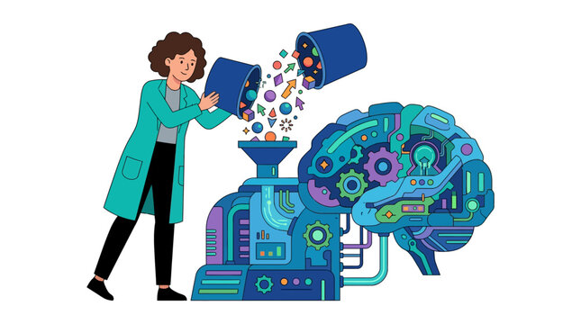 Female scientist pouring digital data shapes into a mechanical robotic brain for AI training flat vector illustration.