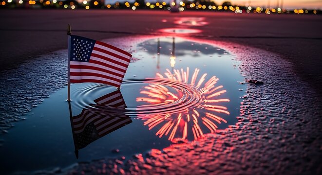 Small American flag reflected in puddle with fireworks at night