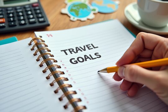 Intimate Capture of Travel Goal Planning: A Hand Writing in a Planner Amidst Vibrant Travel Stickers, a Calculator, and a Cup of Coffee