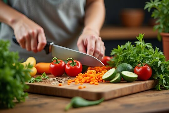Intimate View of a Woman's Hands Skillfully Chopping a Vibrant Medley of Fresh Vegetables on a Wooden Cutting Board, Adorned with Aromatic Herbs and Spices, Exuding Warmth.
