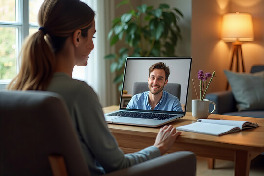 Inviting Home Office Space Featuring a Therapist in a Relaxed Chair, Engaged in a Video Consultation with a Client &mdash; Soft Lighting and Soothing Decor Create a Zen Atmosphere.