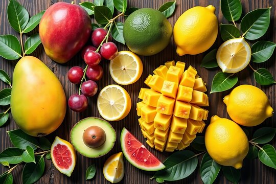Design a Colorful Flat Lay Featuring a Variety of Tropical Fruits, Including Mangoes and Lemons, Artistically Arranged on Rustic Wood with Fresh Green Leaves.