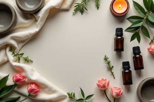 Design a Tranquil Flat Lay of Essential Oil Starter Kits on Textured Natural Linen, Accented by Fresh Herbs and Flowers in Soft Lighting
