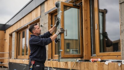 Obraz premium Skilled installer positioning tripleglazed insulated glass within timber frames focusing on improving noise reduction and superior climate control in modern buildings.