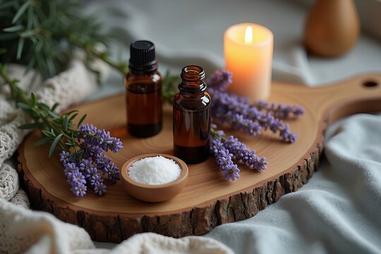 Create a Tranquil Flat Lay of Sleep Aromatherapy Essentials: Aesthetically Arranged Oils and Botanicals on a Rustic Wooden Table in Soft, Calming Hues with Gentle Lighting