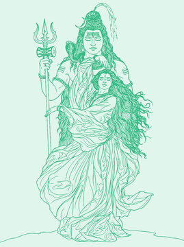 Lord Shiva and Parvati Hindu god Design Element. Sketch or Drawing of Shiva Parvati Outline Editable Vector Illustration