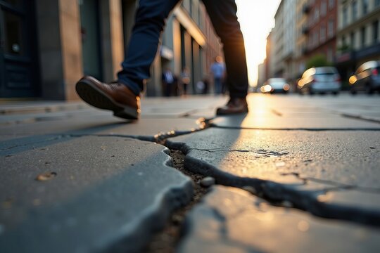 Close-Up of a Cautious Stroll: Navigating Uneven Sidewalks Amidst Urban Perfection